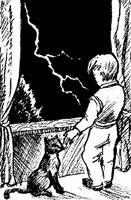 Illustration of Nikola Tesla and his cat, Mačak, watching a lightning storm.