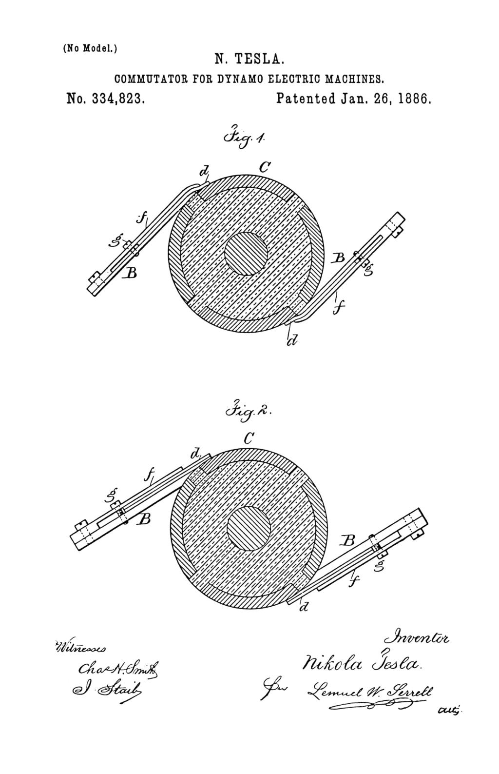 Nikola Tesla U.S. Patent 334,823 - Commutator for Dynamo-Electric Machines - Image 1