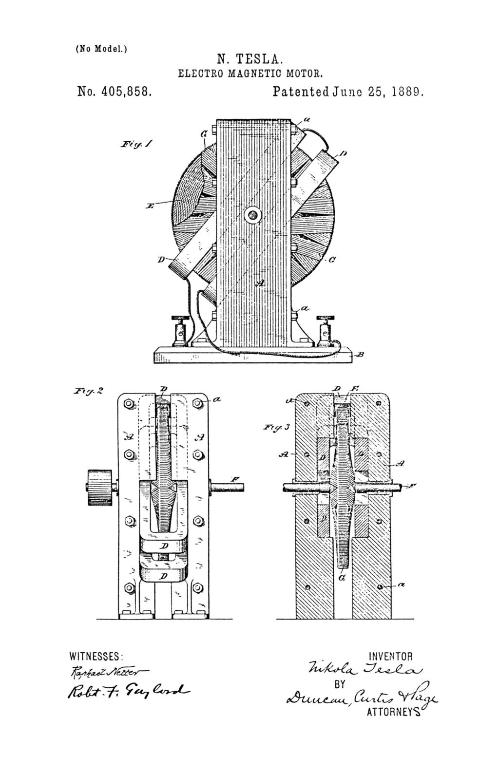 Nikola Tesla U.S. Patent 405,858 - Electro-Magnetic Motor - Image 1