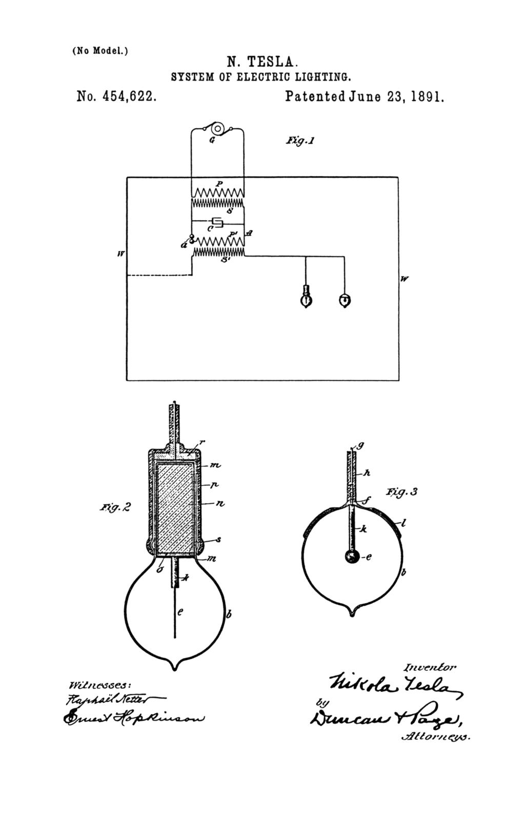 Nikola Tesla U.S. Patent 454,622 - System of Electric Lighting - Image 1