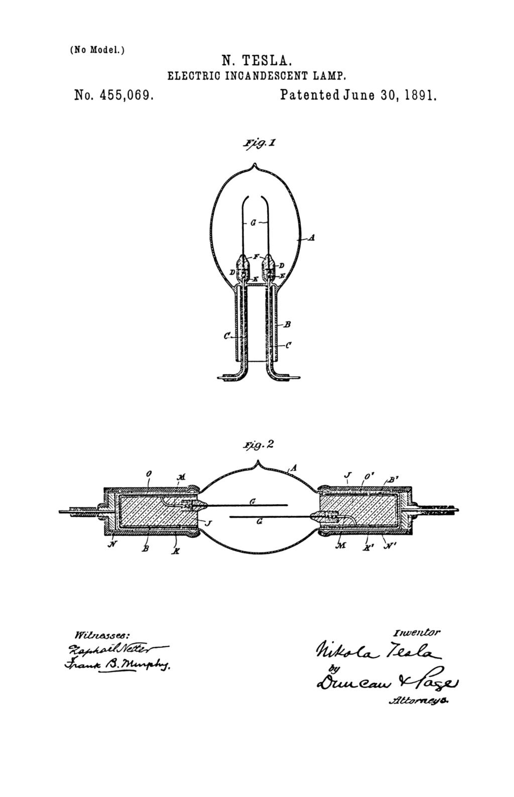 Nikola Tesla U.S. Patent 455,069 - Electric Incandescent Lamp - Image 1