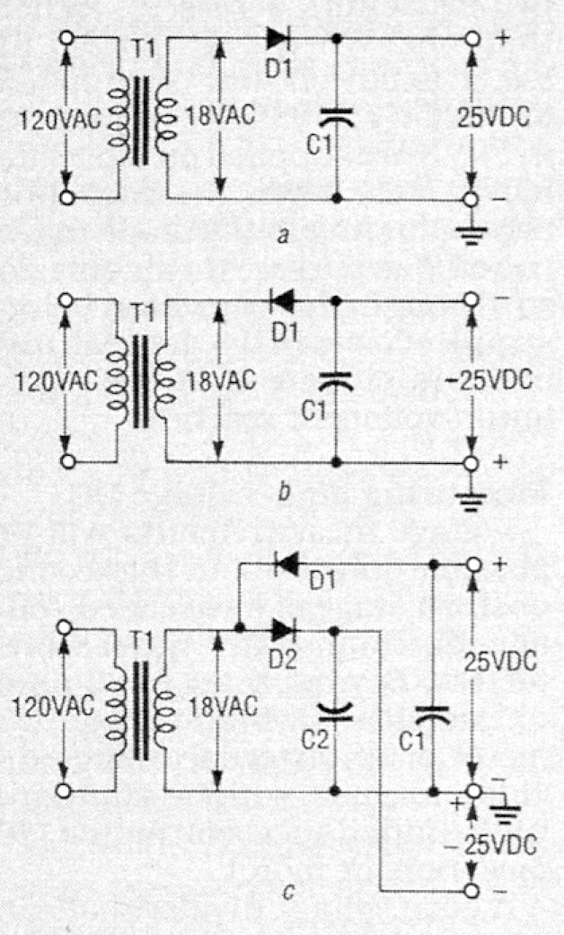 Circuit showing two half-wave rectifiers combined to become a full-wave doubler.