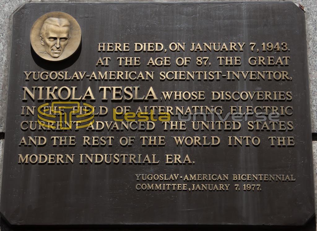 The commemorative plaque honoring Tesla at the Hotel New Yorker