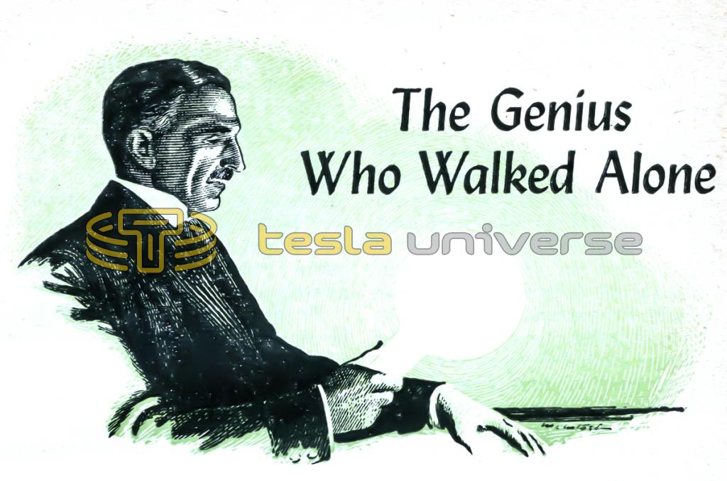 Illustration of Nikola Tesla with lamp as "The Genius Who Walked Alone"