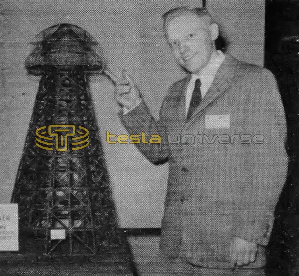 Leland I. Anderson with model of Tesla's Wardenclyffe tower.