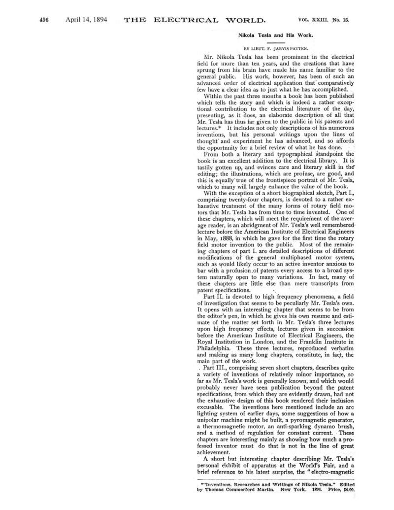Preview of Nikola Tesla and His Work (1894) article