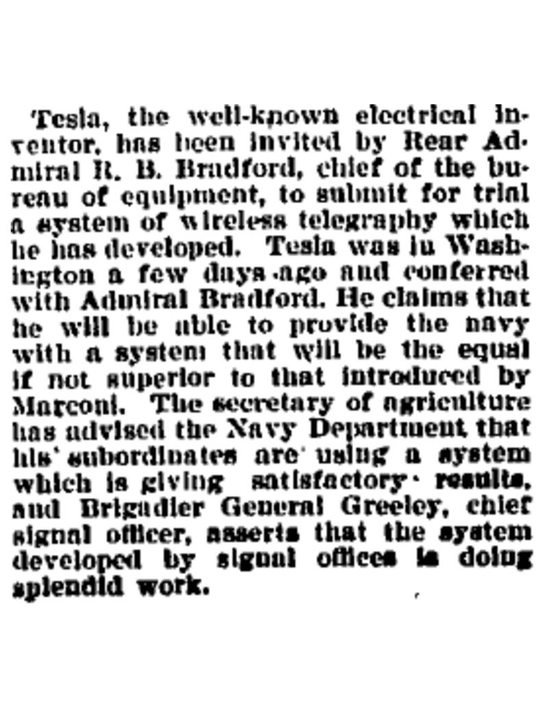 Preview of Nikola Tesla Invited to Submit His Wireless Telegraphy System to U.S. Navy article