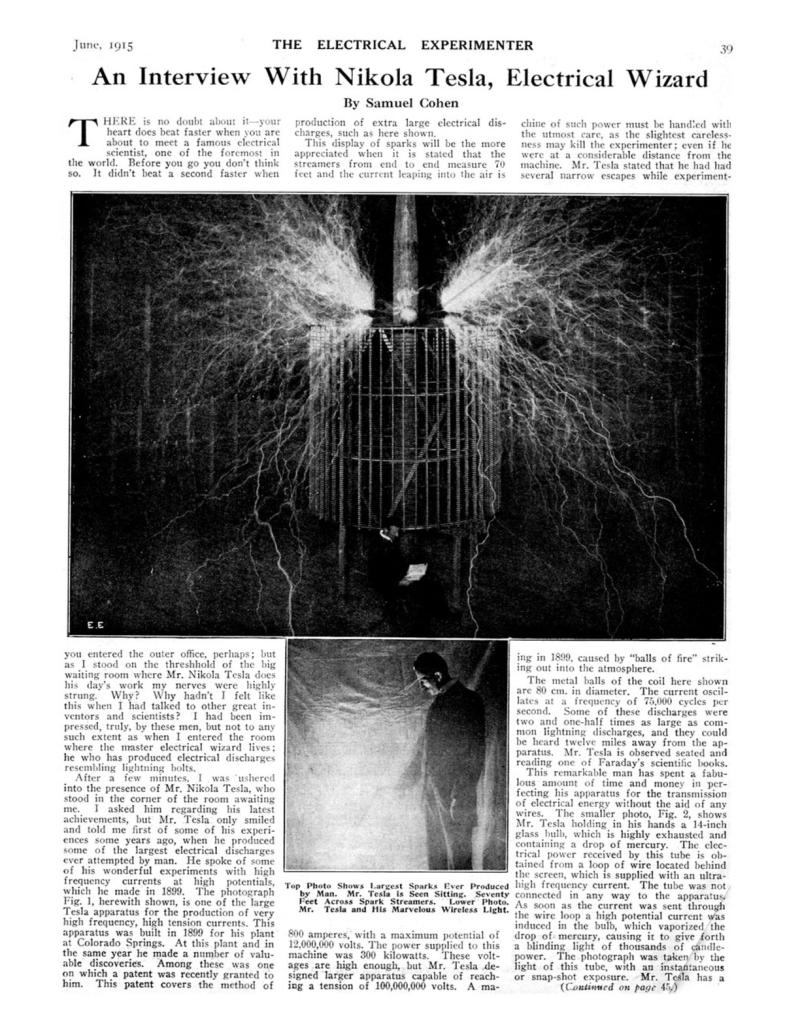 Preview of An Interview With Nikola Tesla, Electrical Wizard article
