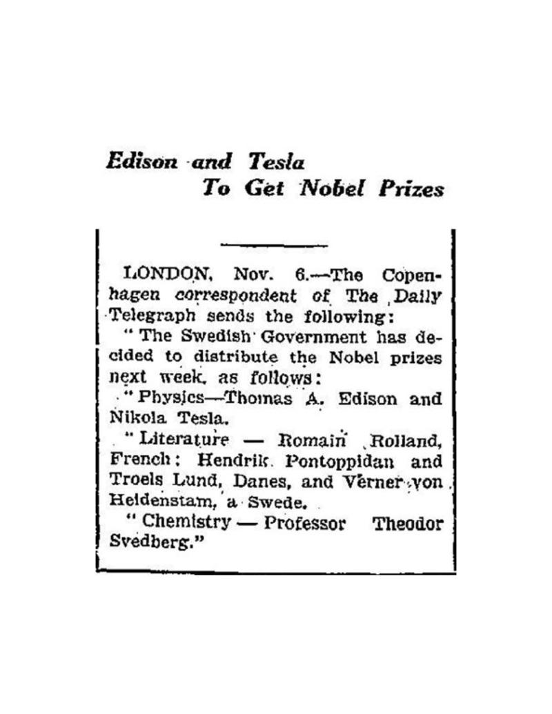 Preview of Edison and Tesla To Get Nobel Prizes article