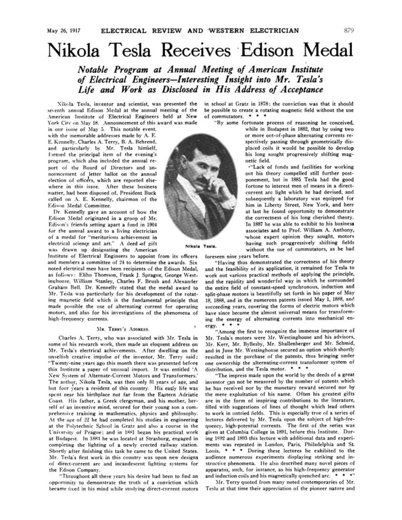 Preview of Nikola Tesla Receives Edison Medal article