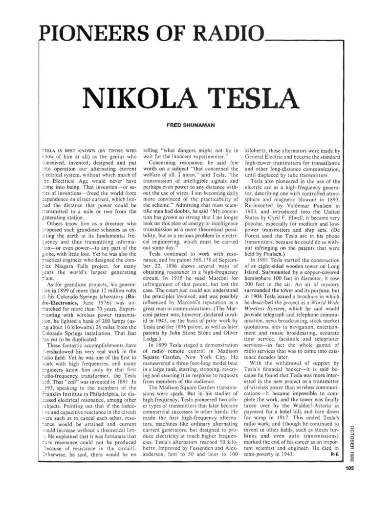 Preview of Pioneers of Radio: Nikola Tesla article