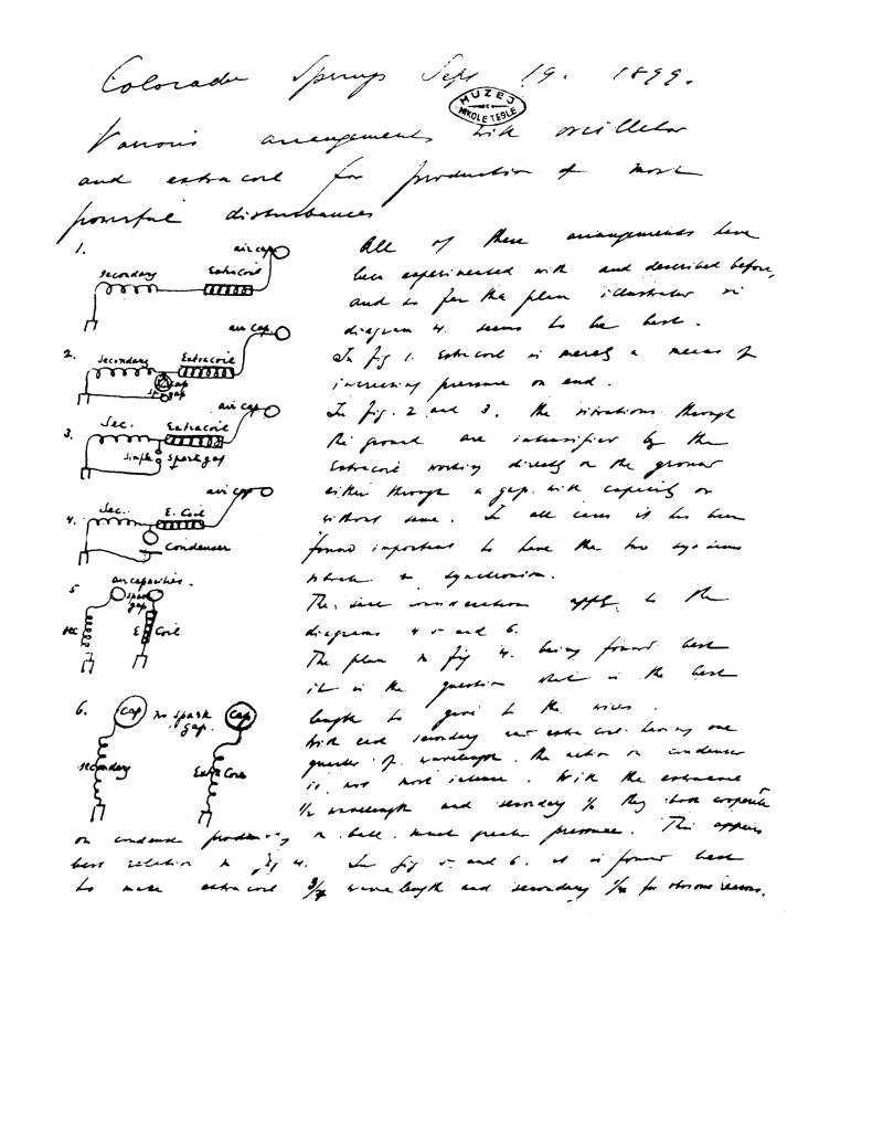 Nikola Tesla : Colorado Springs Notes - Sept. 19, 1899