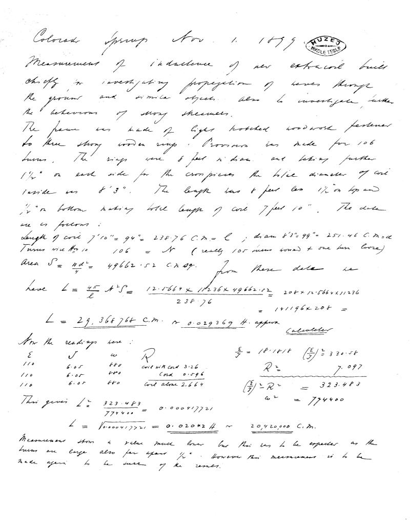Nikola Tesla : Colorado Springs Notes - Nov. 1, 1899