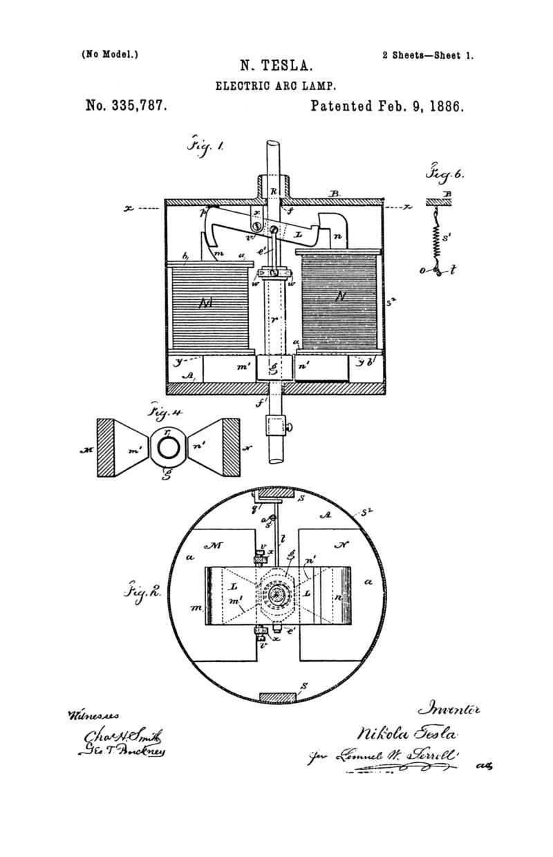 Nikola Tesla U.S. Patent 335,787 - Electric-Arc Lamp - Image 1