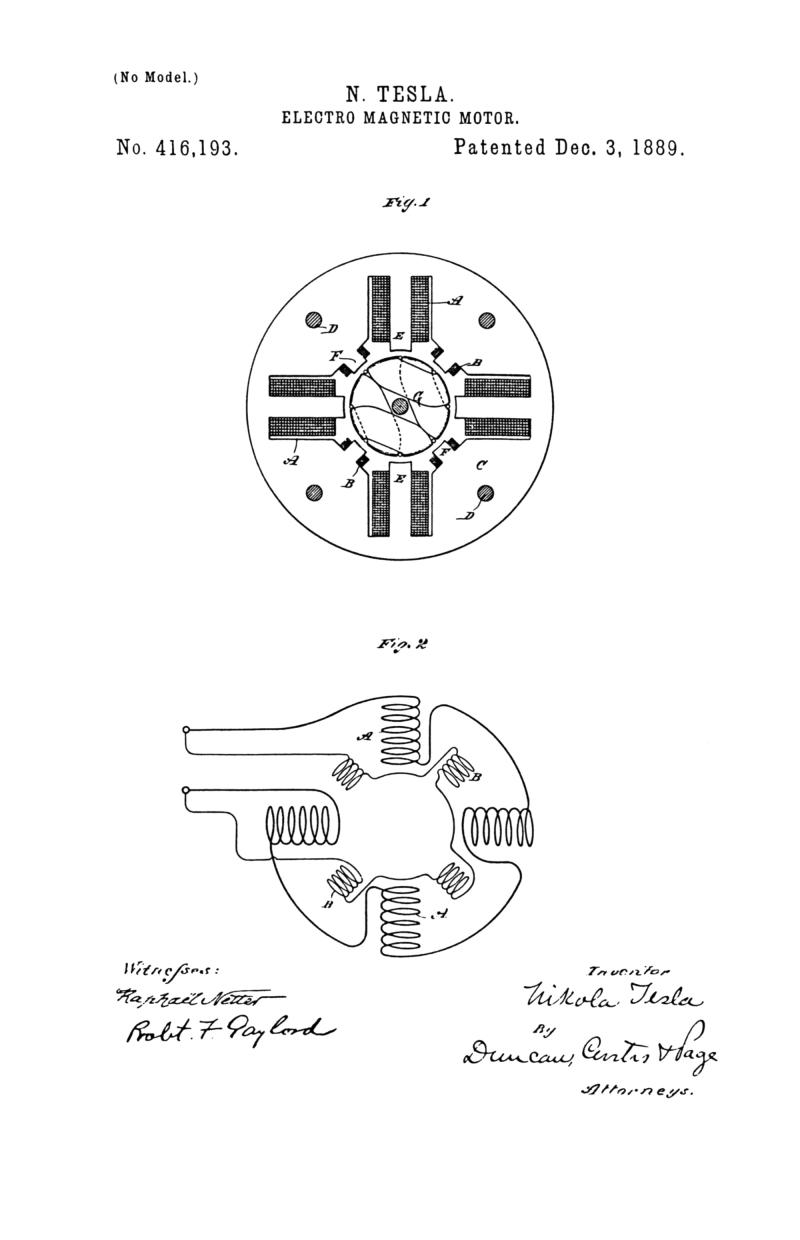 Nikola Tesla U.S. Patent 416,193 - Electro-Magnetic Motor - Image 1