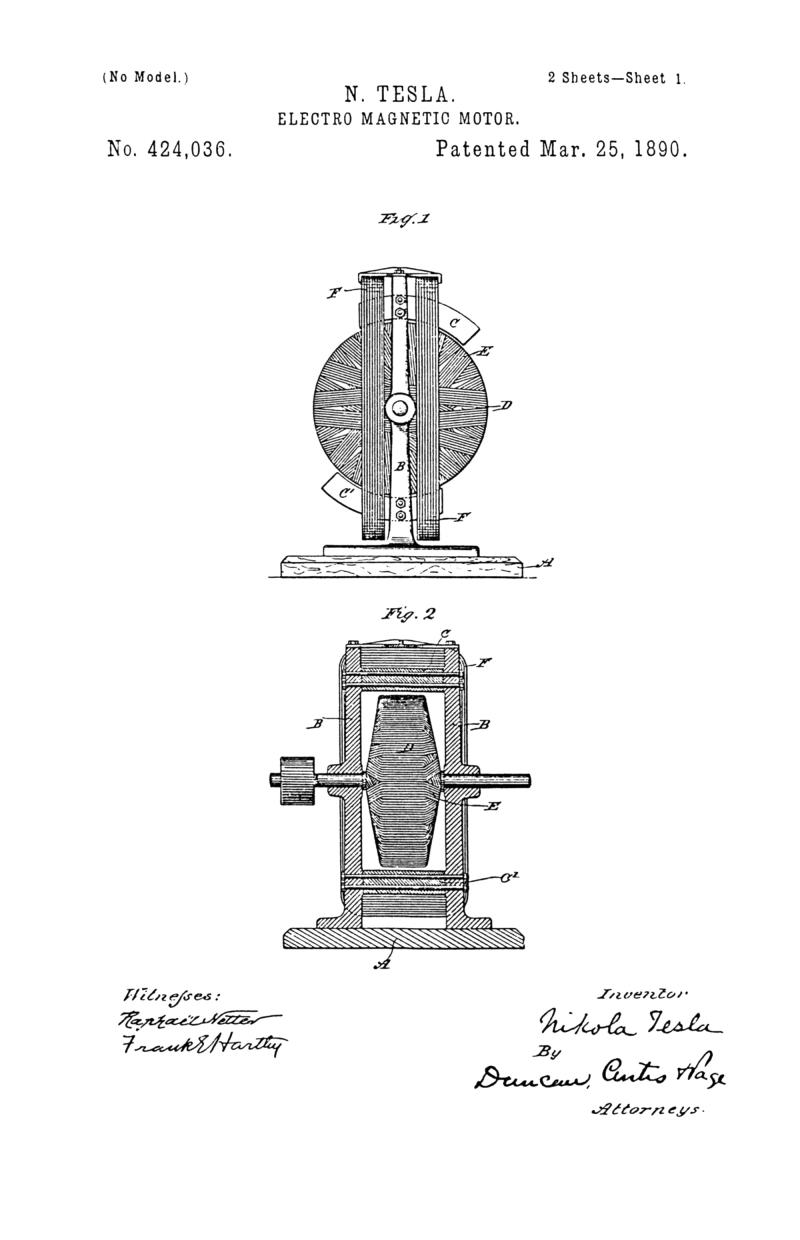 Nikola Tesla U.S. Patent 424,036 - Electro-Magnetic Motor - Image 1