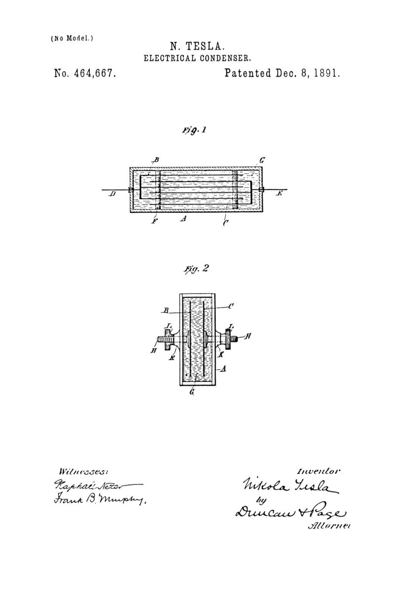 Nikola Tesla U.S. Patent 464,667 - Electrical Condenser - Image 1