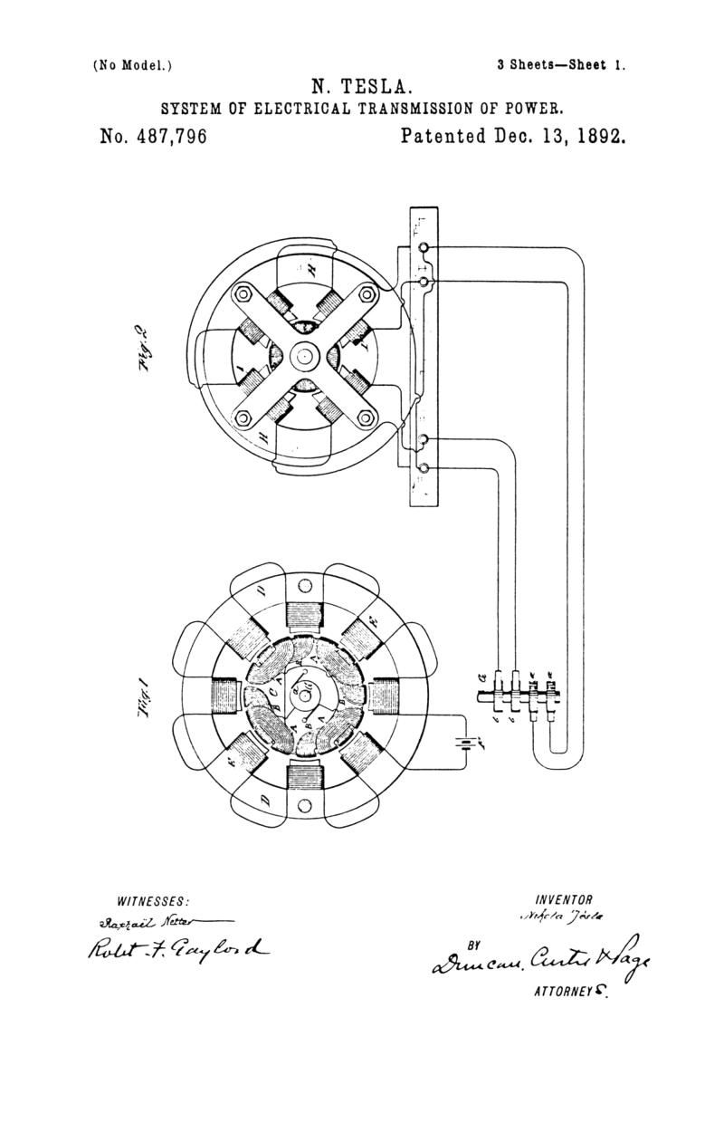 Nikola Tesla U.S. Patent 487,796 - System of Electrical Transmission of Power - Image 1