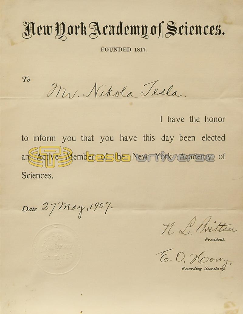 Tesla's certificate of membership for the New York Academy of Sciences