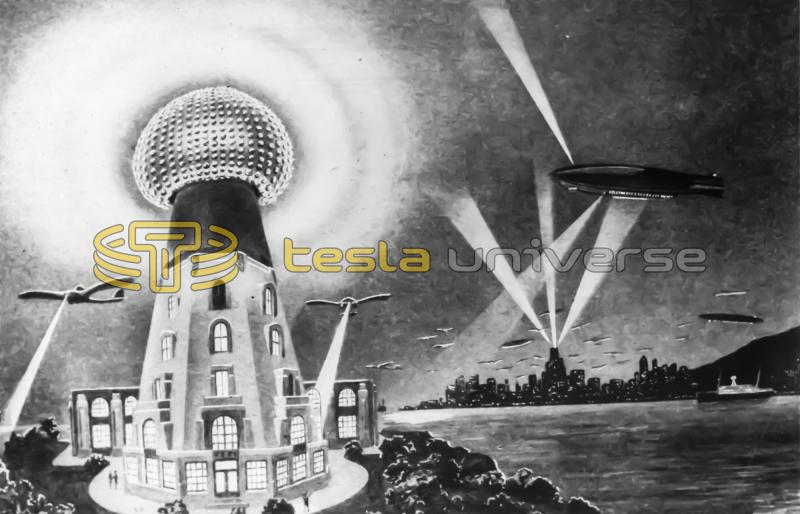 An artist's depiction of Tesla's tower in full operation