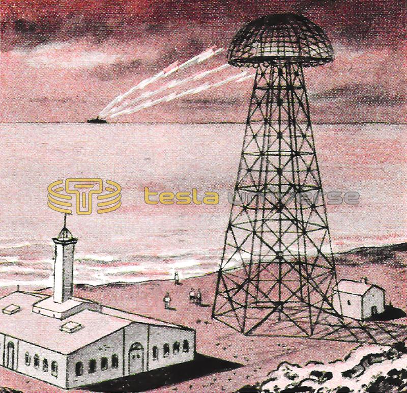 Illustration of Tesla's Wardenclyffe tower transmitting power to a ship