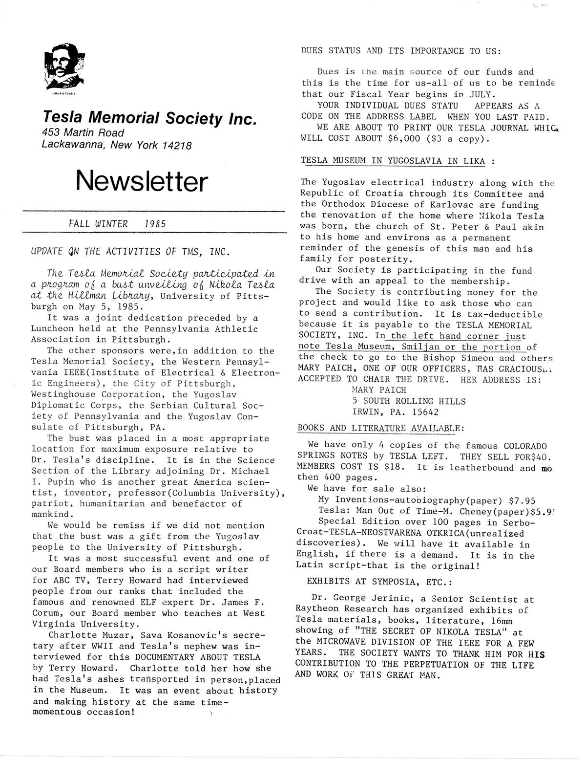 Tesla Memorial Society Newsletter - Fall/Winter 1985 | Tesla Universe