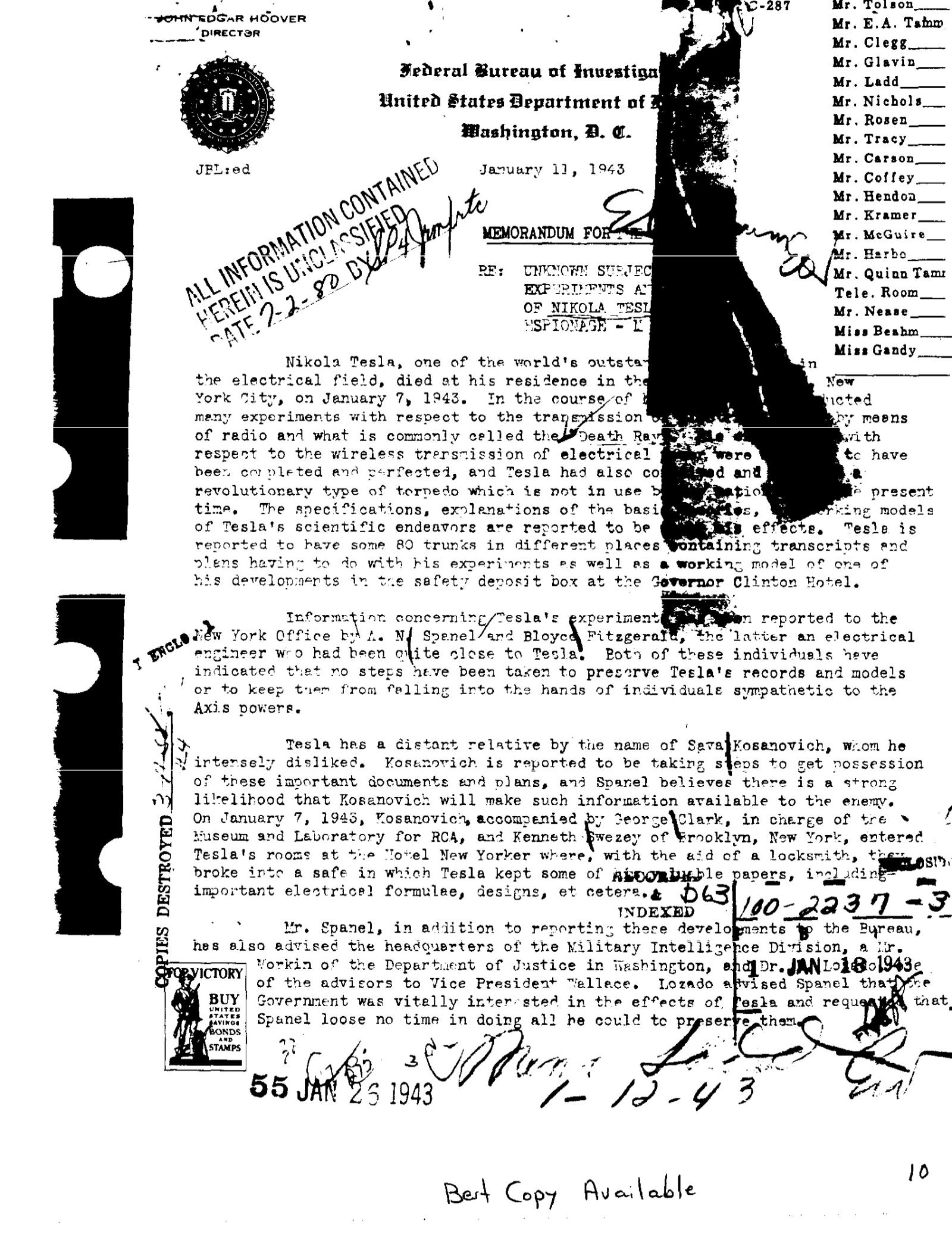 Nikola Tesla FBI Files - Page 10 | Tesla Universe