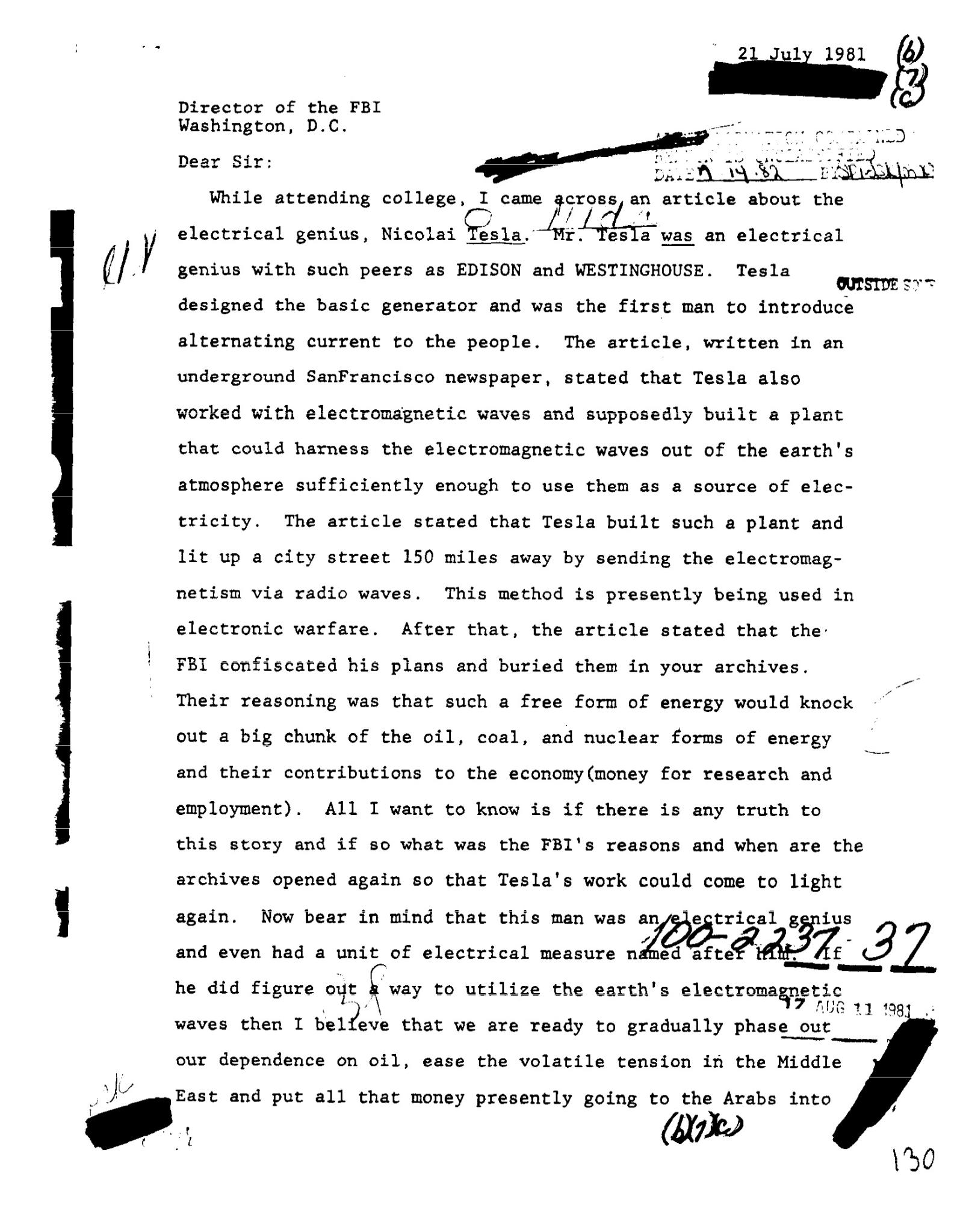 Nikola Tesla FBI Files - Page 130 | Tesla Universe