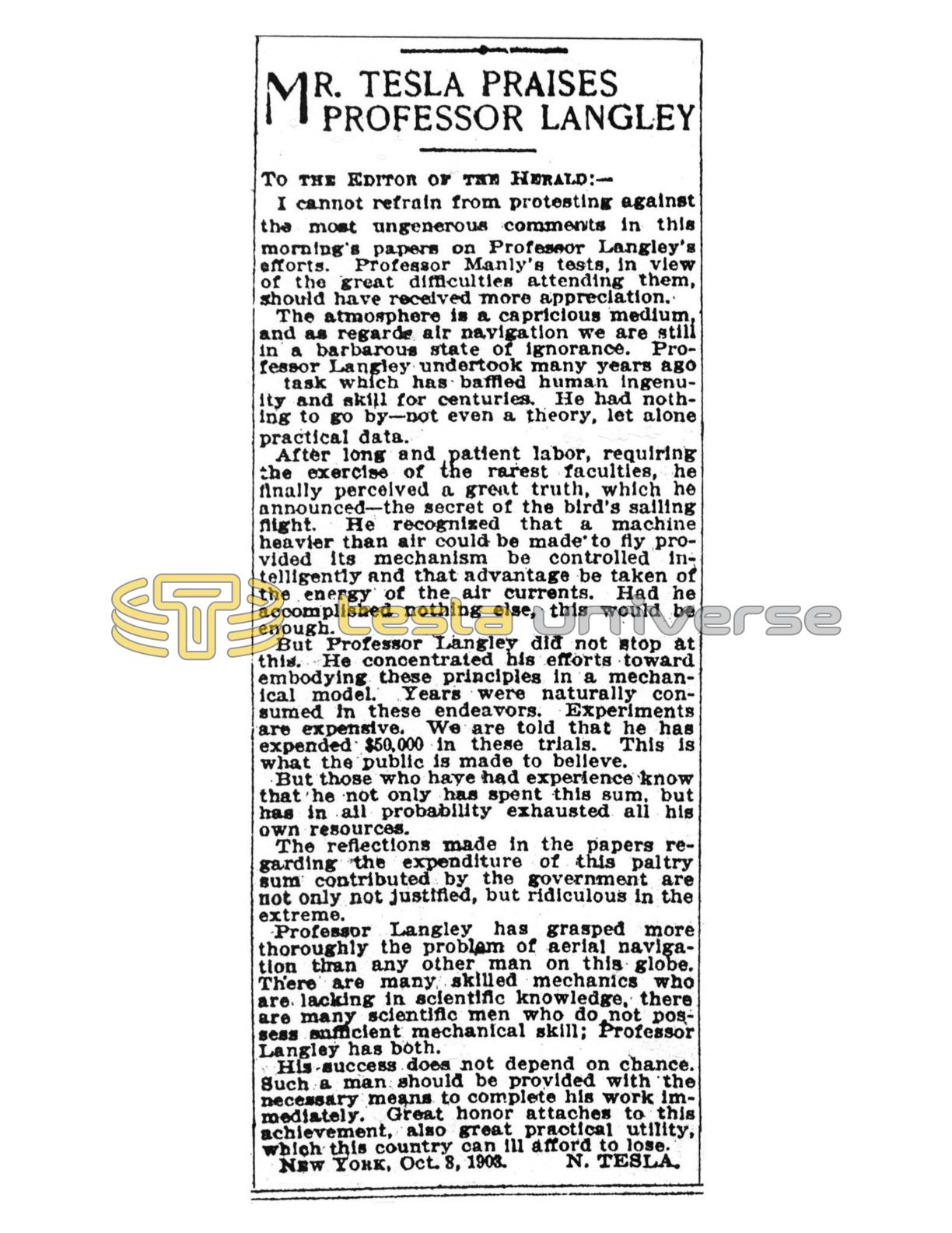 Prof Tesla Mr. Tesla Praises Professor Langley - Nikola Tesla Article