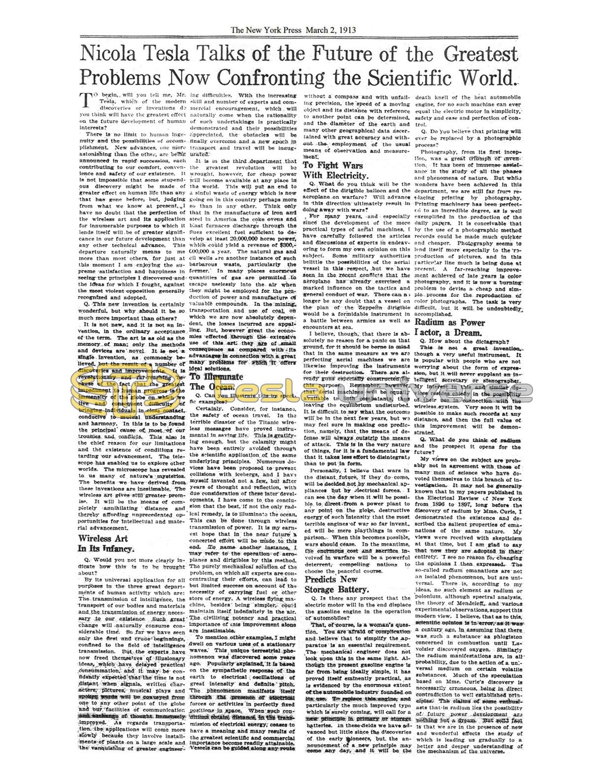 Nikola Tesla Talks of the Future of the Greatest Problems Now ...