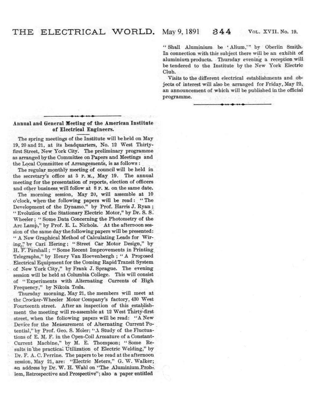Preview of Annual and General Meeting of the American Institute of Electrical Engineers article