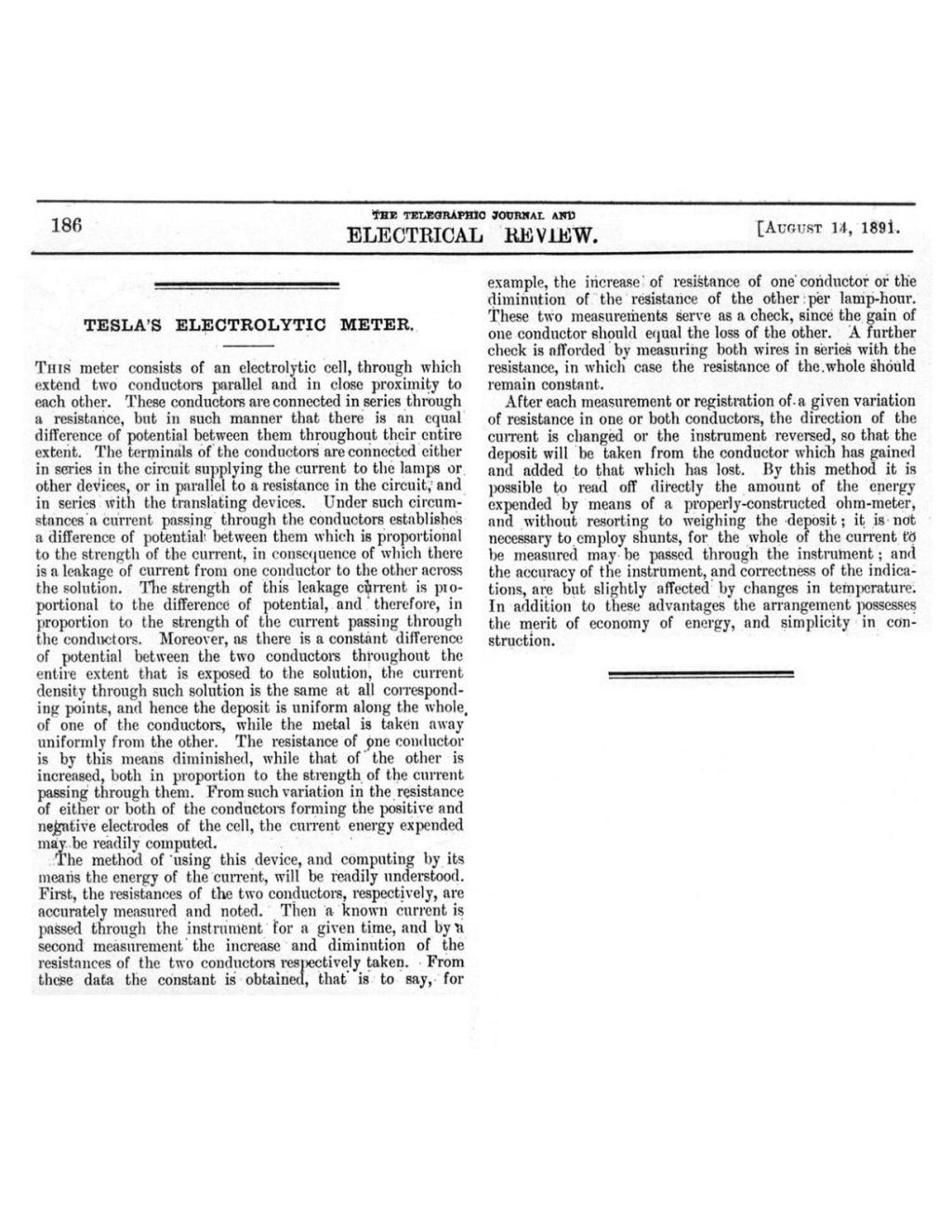 Preview of Nikola Tesla’s Electrolytic Meter article