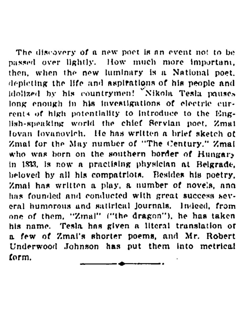 Preview of Nikola Tesla Introduces the Servian Chief Poet  article