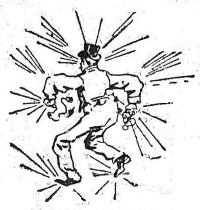 Cartoon drawing of Tesla passing high-frequency current through his body