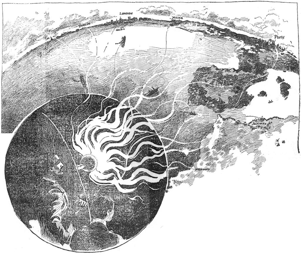 Illustration of Nikola Tesla with his coil arcing to the world