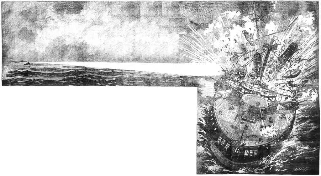 Illustration of ship being destroyed by Tesla's weapon