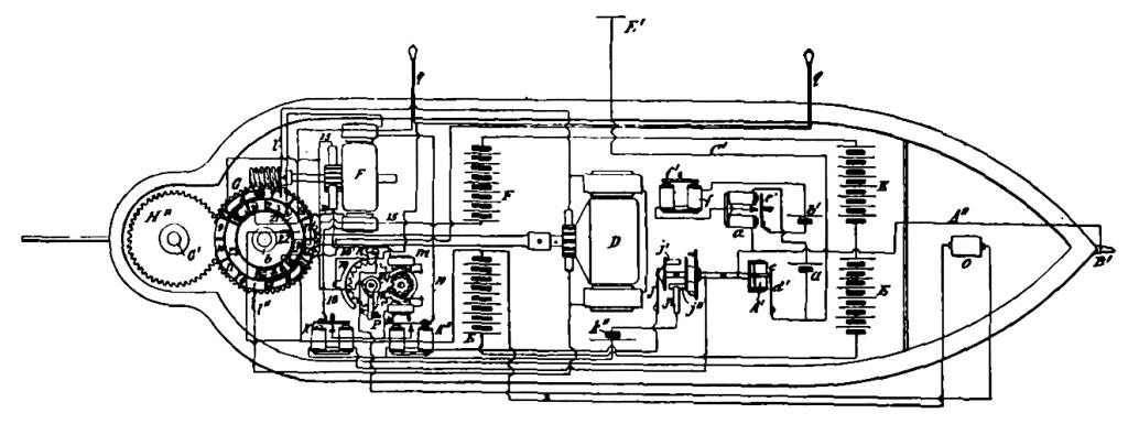 Boat patent sketch showing electrical circuit