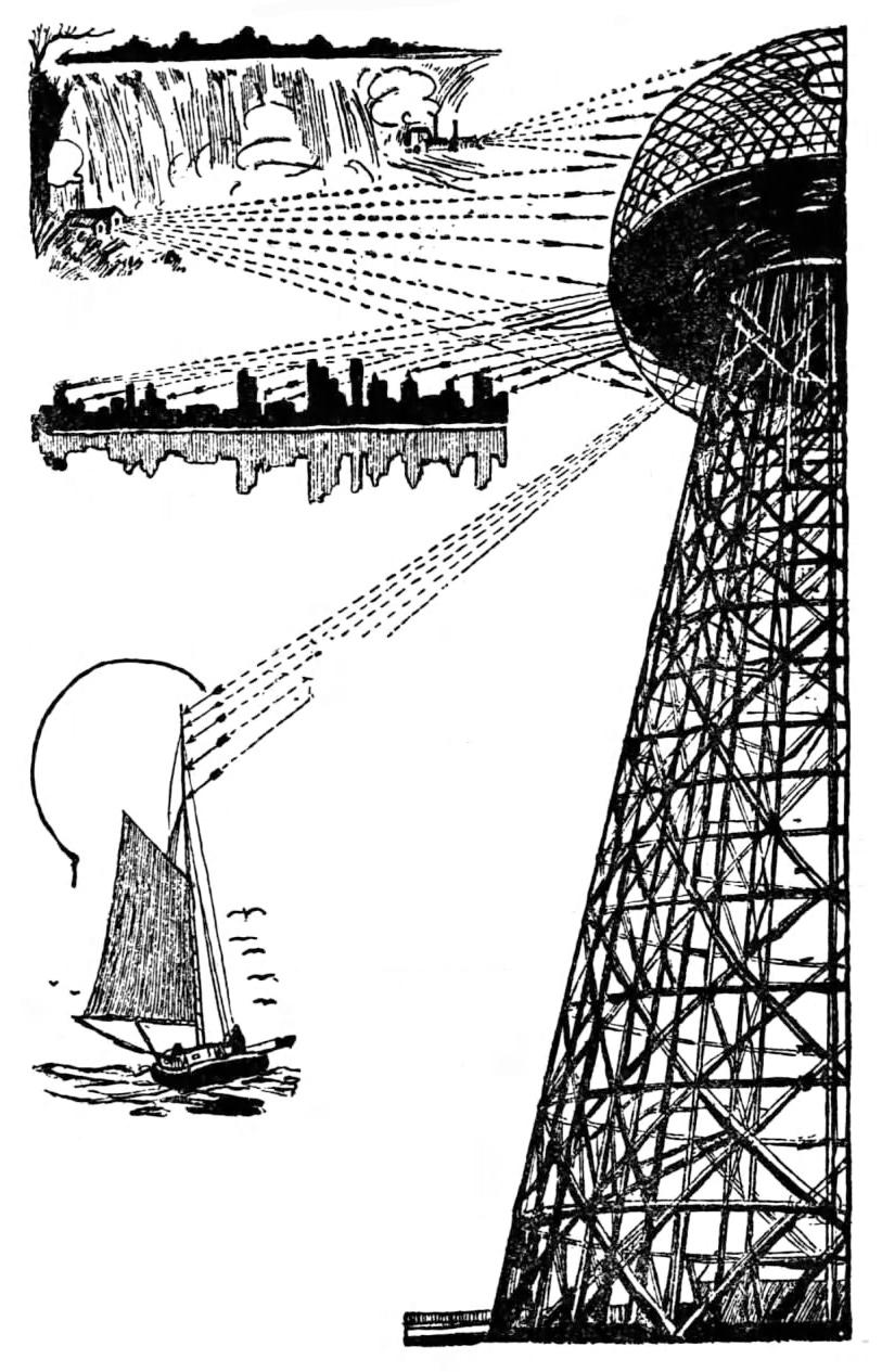 Illustration showing Wardenclyffe tower sending and receiving electricity