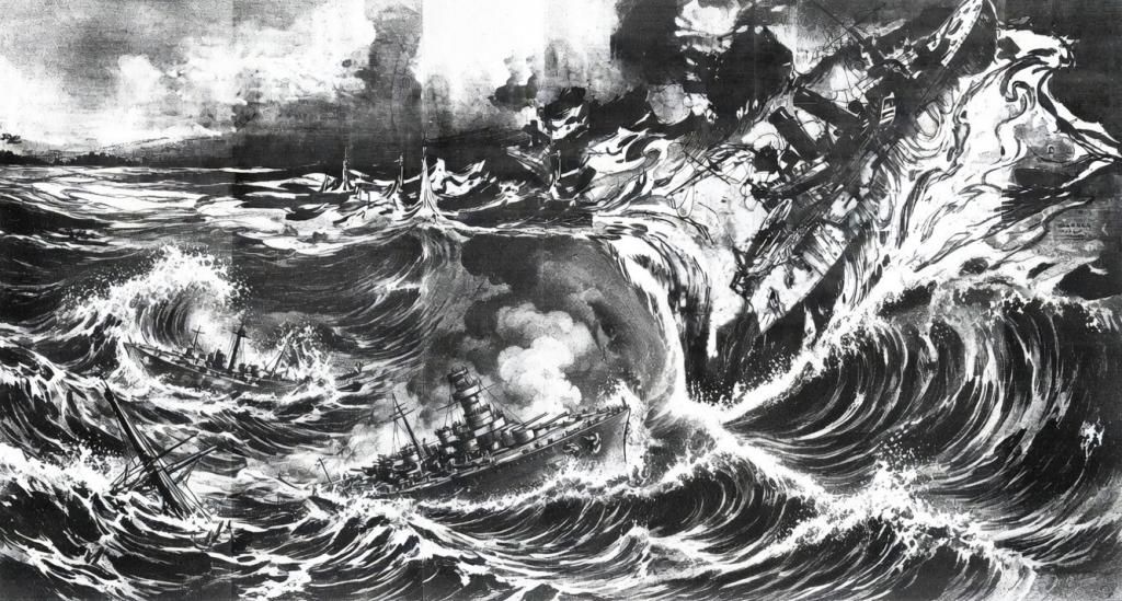 Illustration of Tesla's tidal wave destroying ships