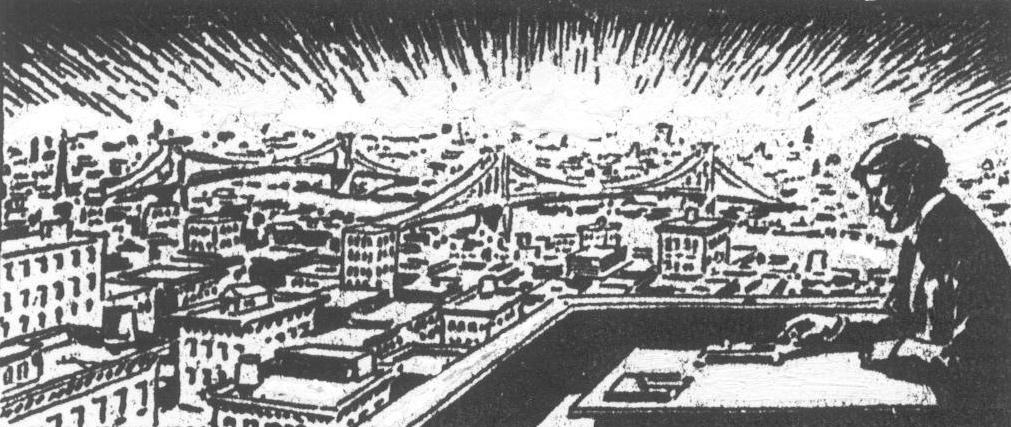 Illustration of Tesla overlooking a city lit by his wireless light