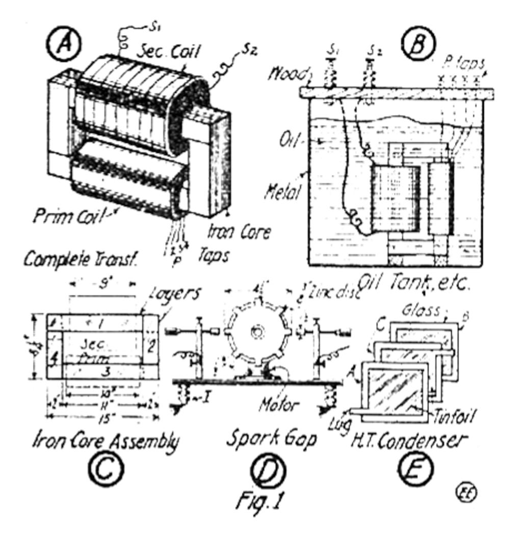 Tesla Coil Step-Up Exciting Transformer, Condenser, and Spark Gap