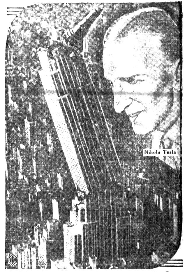 Illustration of Tesla and his earthquake machine taking down the Empire State building