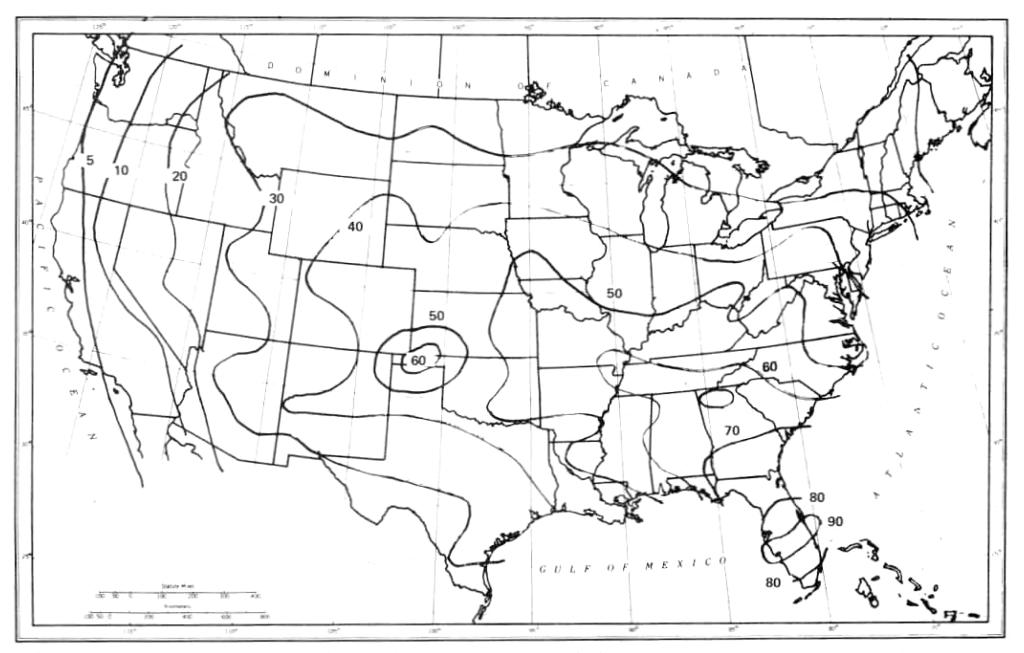 Graph showing average number of days of thunderstorm activity per year in CONUS