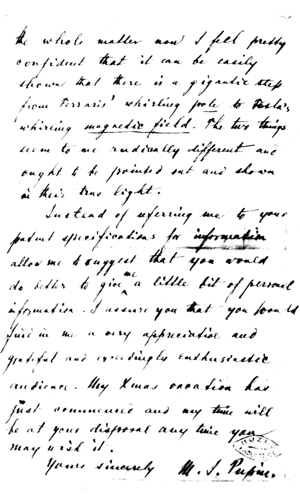 December 19th, 1891 letter from Prof. Michael Pupin to Nikola Tesla - Page 4