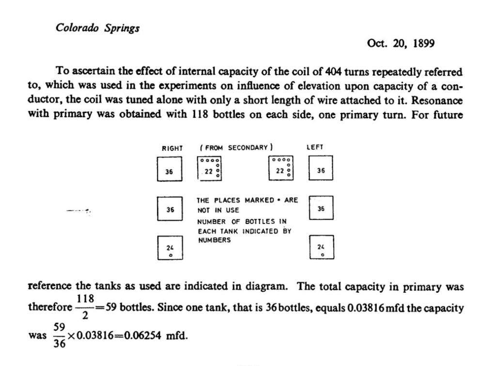 Excerpt from Colorado Springs Notes detailing Tesla's capacitor banks
