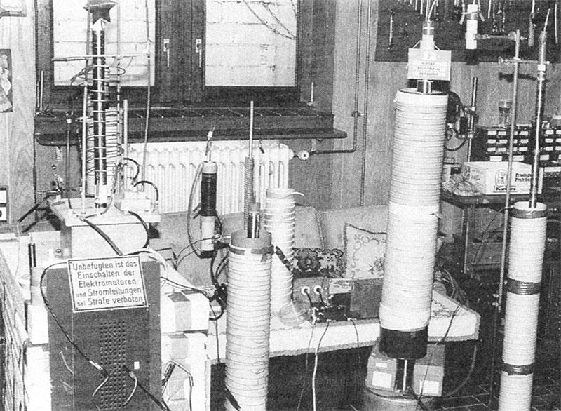 Several Tesla coils built by the author.