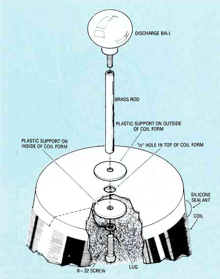 Solid state Tesla coil discharge ball electrode assembly diagram.