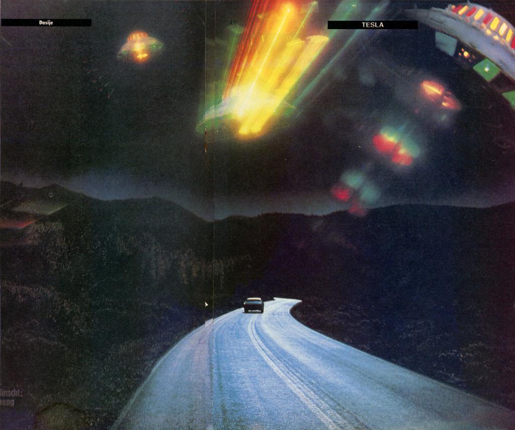 A lone car on a dark road with a UFO overhead