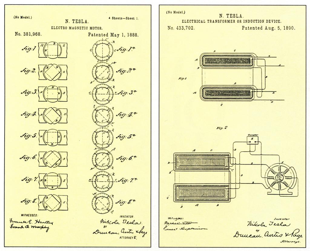 Pages from Tesla's patents for the AC motor and the Tesla coil