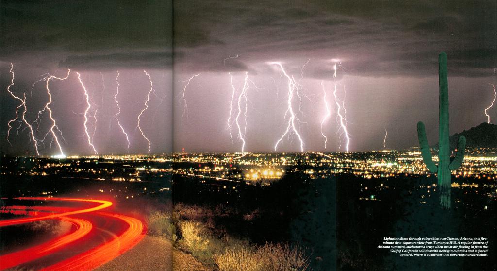 Lightning slicing through rainy skies over Tucson, Arizona